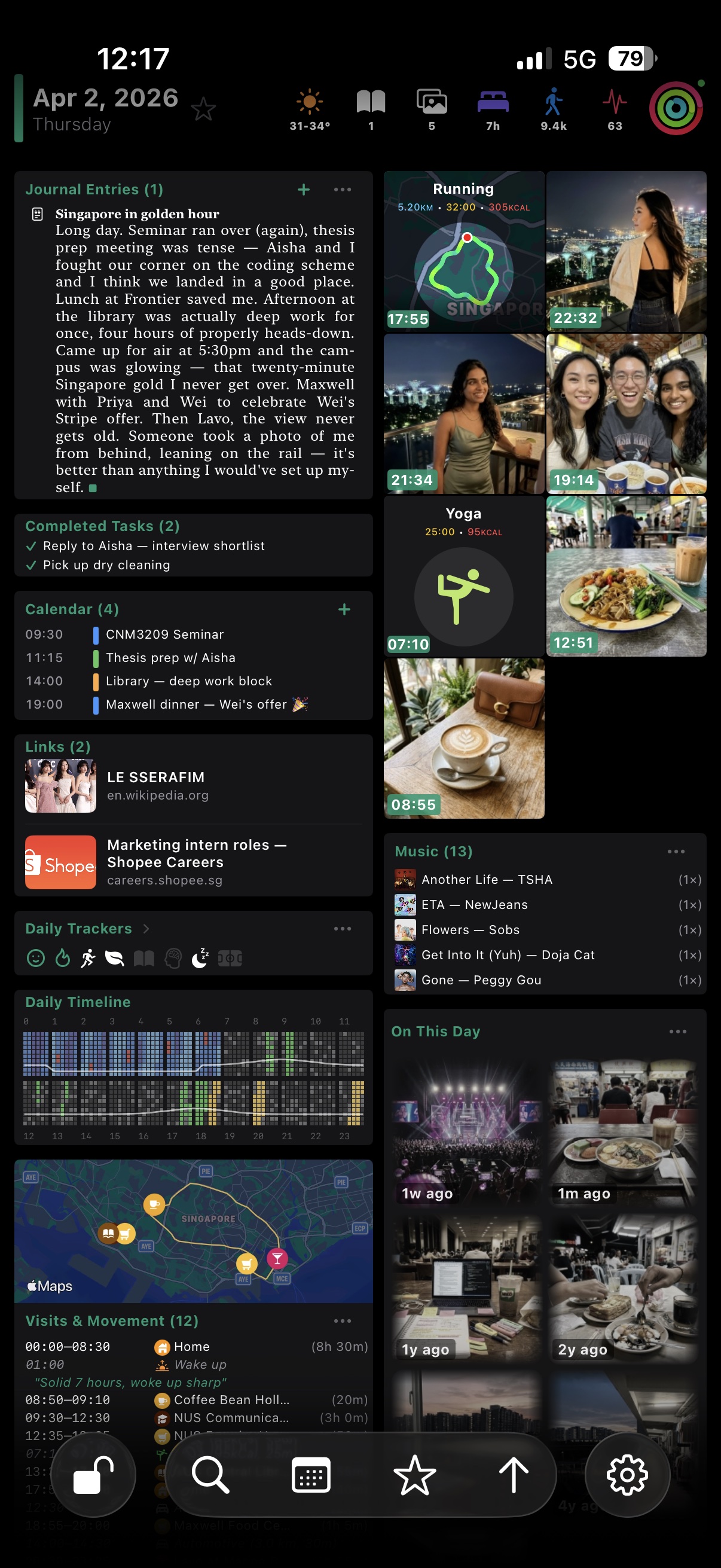 A day in Retrography — Thursday April 2, Singapore in golden hour: journal entry, photos on the timeline, places, music, running route