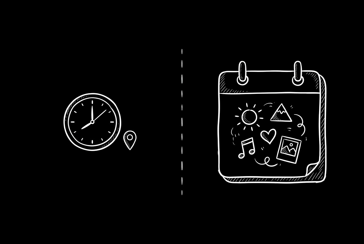 A precise clock and pin on the left; a warm, full calendar day on the right